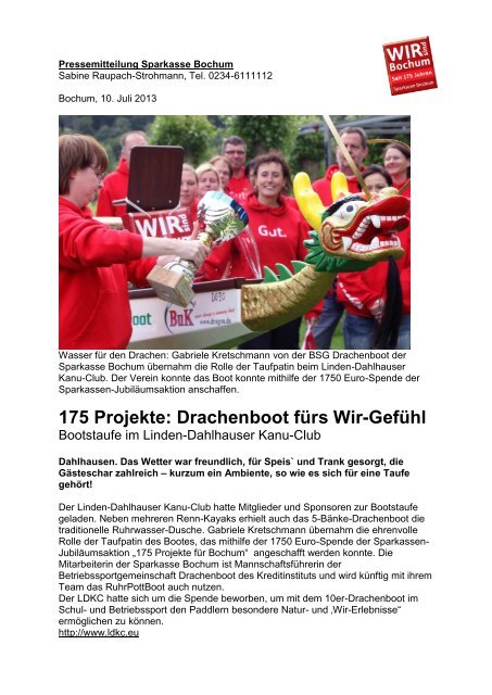 175 Projekte: Drachenboot fÃ¼rs Wir-GefÃ¼hl - Sparkasse Bochum