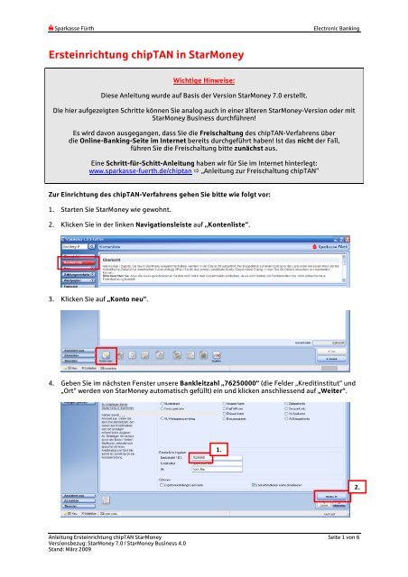 Ersteinrichtung chipTAN in StarMoney - Sparkasse Fürth
