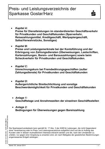 Preis- und Leistungsverzeichnis der Sparkasse Goslar/Harz