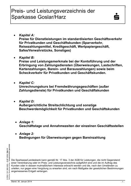 Preis- und Leistungsverzeichnis der Sparkasse Goslar/Harz
