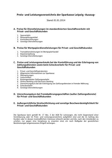Preis- und Leistungsverzeichnis der Sparkasse Leipzig -Auszug-