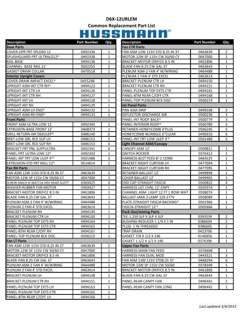 D6X-12URLEM Common Replacement Part List - Hussmann