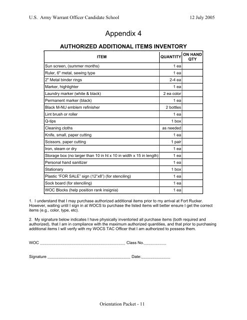 Warrant Officer Candidate School Pre-Reporting Checklist