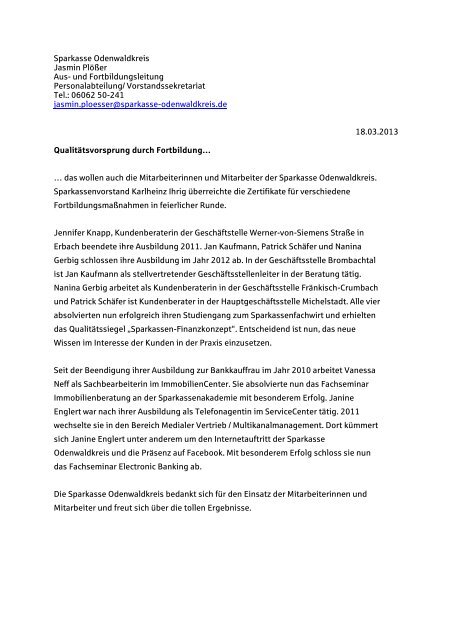 ZertifikatsÃ¼bergabe MÃ¤rz 2013 - Sparkasse Odenwaldkreis