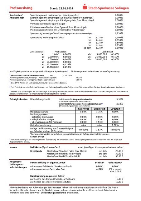 Preisaushang - Stadt-Sparkasse Solingen