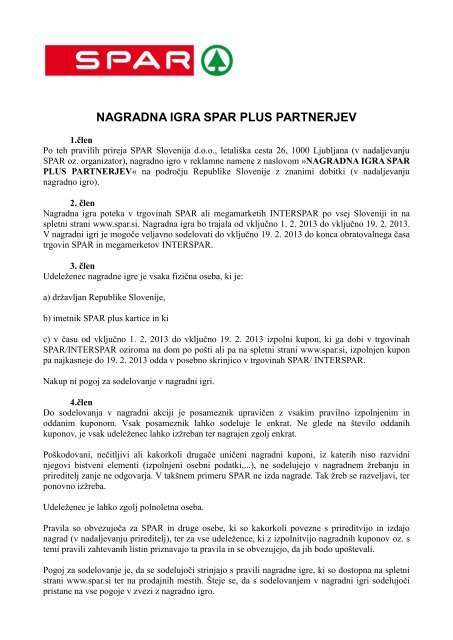 NAGRADNA IGRA SPAR PLUS PARTNERJEV