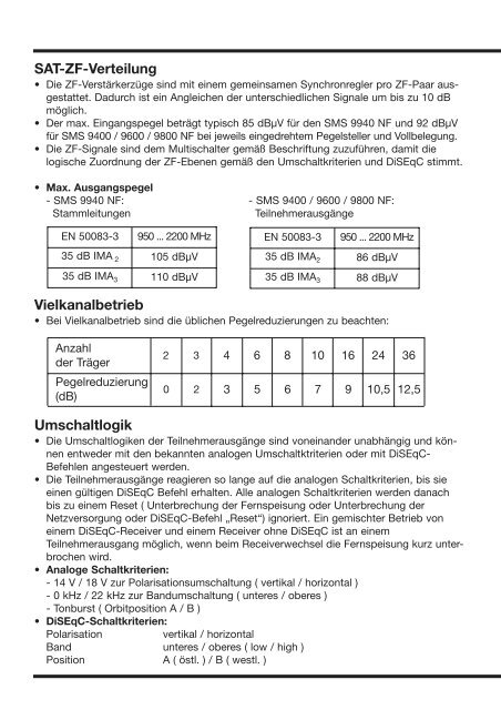 Technische Hinweise zur Multiswitch-Serie â¢ SMS 9940 NF ... - Spaun
