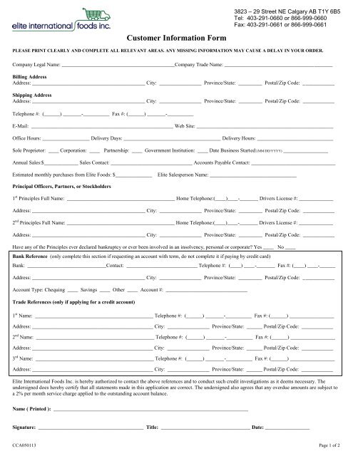 New Customer Information Form - Elite International Foods Inc.