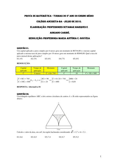 prova de matemÃ¡tica prova de matemÃ¡tica ... - ColÃ©gio Anchieta