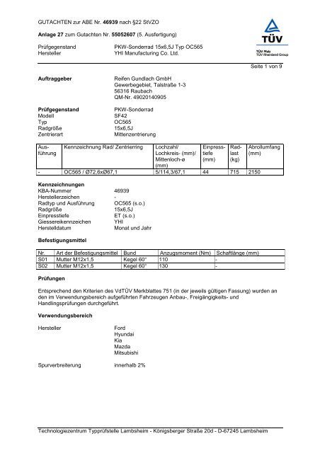 GUTACHTEN zur ABE Nr. 46939 nach Â§22 StVZO Anlage 27 zum ...