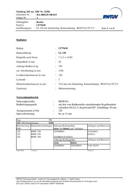 Fahrzeughersteller : BMW(D) Radbefestigungsteile : mit den vom ...