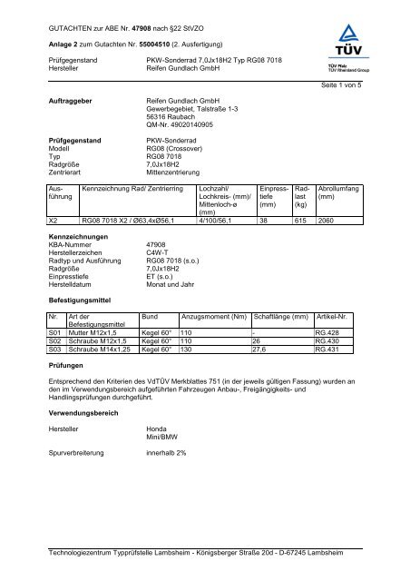 GUTACHTEN zur ABE Nr. 47908 nach Â§22 StVZO Anlage 2 zum ...