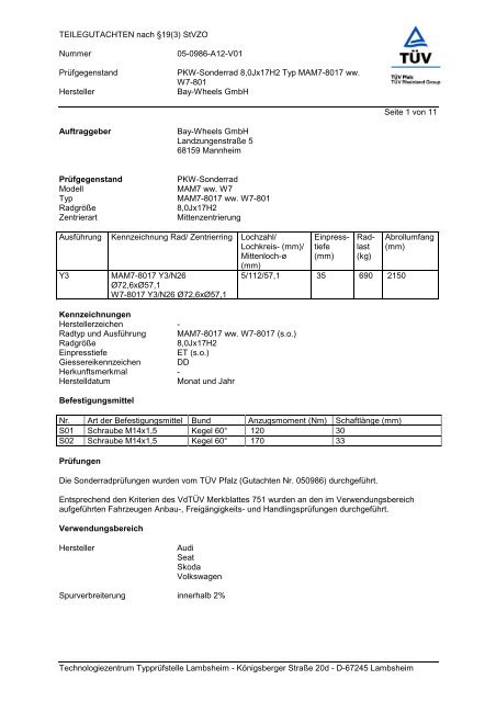 TEILEGUTACHTEN nach Â§19(3) StVZO Nummer 05-0986-A12-V01 ...