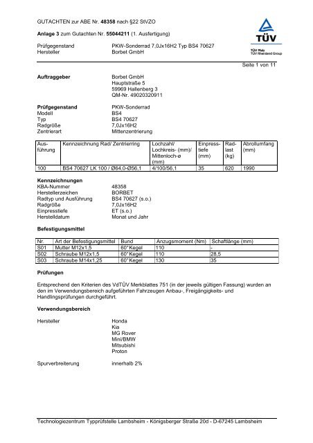 GUTACHTEN zur ABE Nr. 48358 nach Â§22 StVZO Anlage 3 zum ...