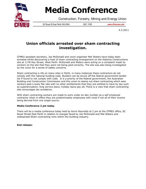 Union officials arrested over sham contracting - cfmeu