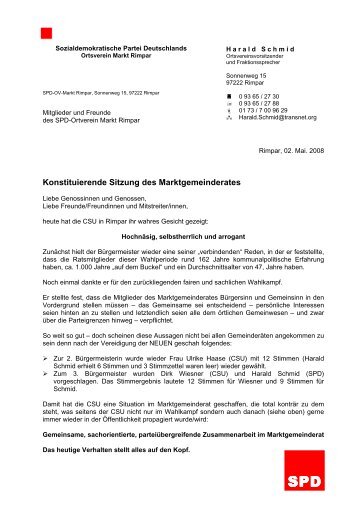 Konstituierende Sitzung des Marktgemeinderates - SPD Markt Rimpar