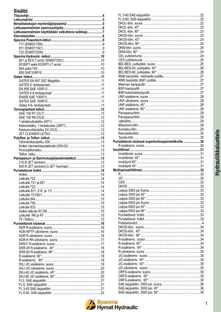 Hydrauliikkaluettelo - Specma Hydraulic