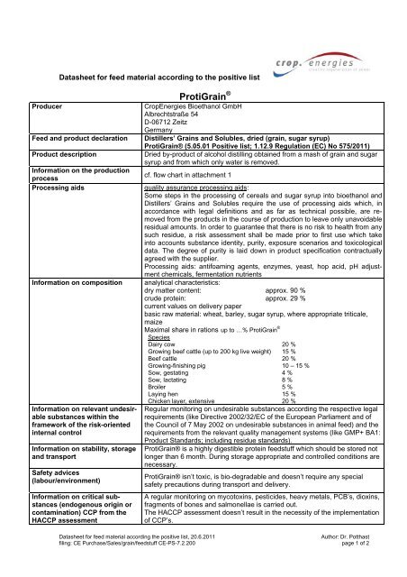 Data sheet ProtiGrain - CropEnergies