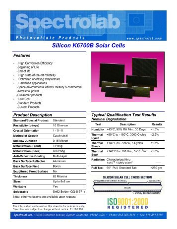 Silicon K6700B Solar Cells - Spectrolab