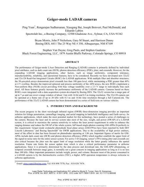 P. Yuan, et al., "Geiger-mode LADAR cameras" - Spectrolab