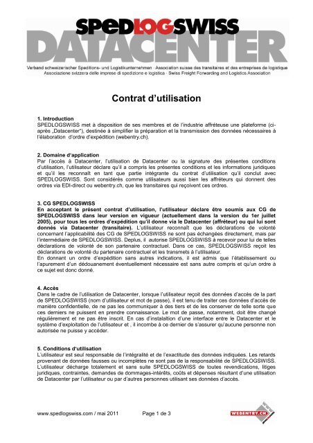 Contrat d'utilisation - Spedlogswiss