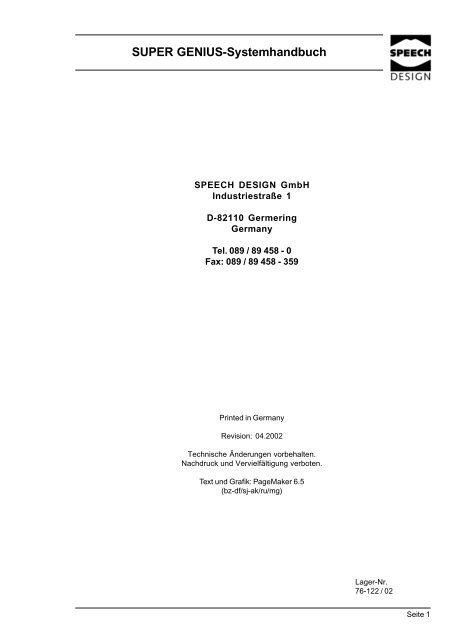 SUPER GENIUS-Systemhandbuch - SPEECH DESIGN