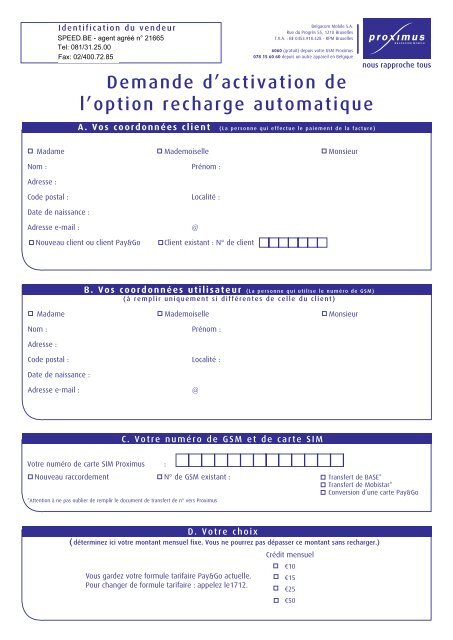 Demande d'activation de l'option recharge automatique - Speed.be