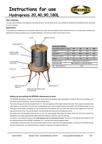 Instructions for use - Speidel Tank