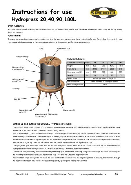 Instructions for use - Speidel Tank