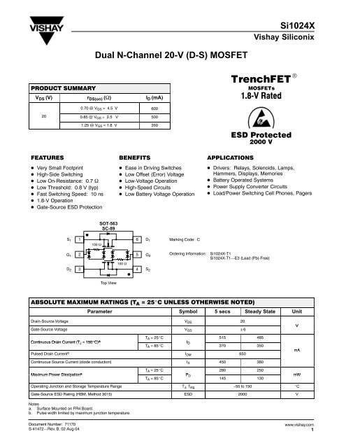Si1024X Dual N-Channel 20-V (D-S) MOSFET - SP-Elektroniikka