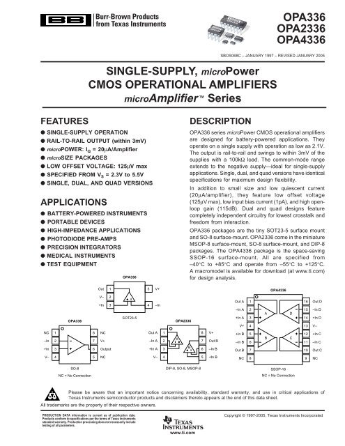 OPA336, 2336, 4336: Single-Supply, microPower ... - SP-Elektroniikka