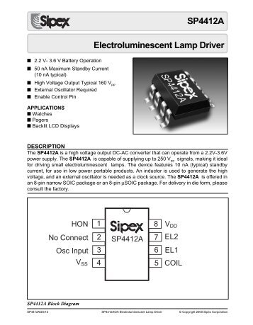 SP4412A Electroluminescent Lamp Driver - Datasheet Catalog