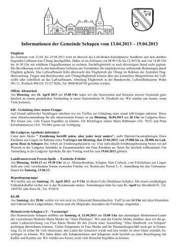 Informationen der Gemeinde Schapen vom 13.04.2013 – 19.04.2013