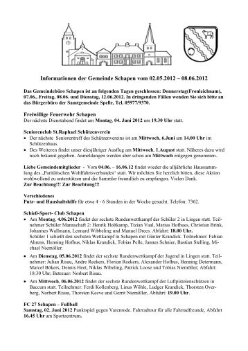 Informationen der Gemeinde Schapen vom 02.05.2012 â 08.06.2012