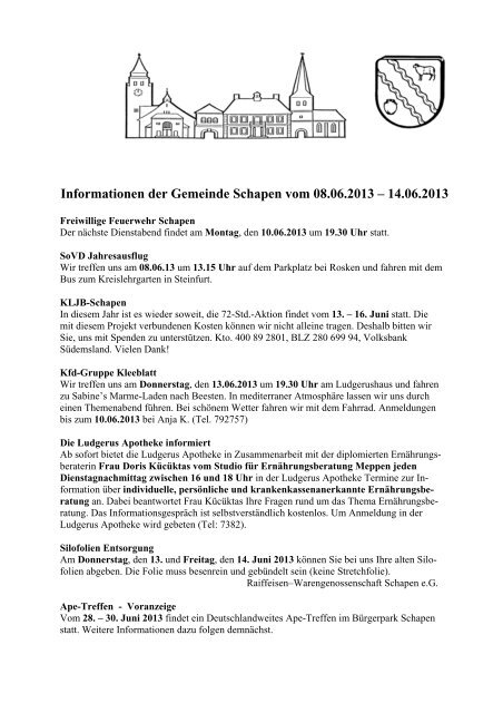 Informationen der Gemeinde Schapen vom 08.06.2013 â 14.06.2013