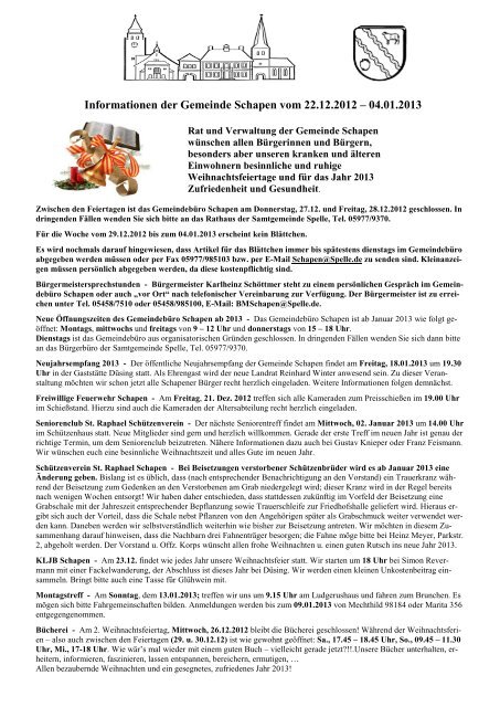 Informationen der Gemeinde Schapen vom 22.12.2012 â 04.01.2013