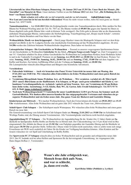 Informationen der Gemeinde Schapen vom 22.12.2012 â 04.01.2013