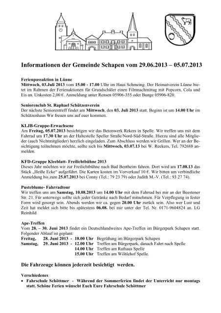 Informationen der Gemeinde Schapen vom 29.06.2013 â 05.07.2013