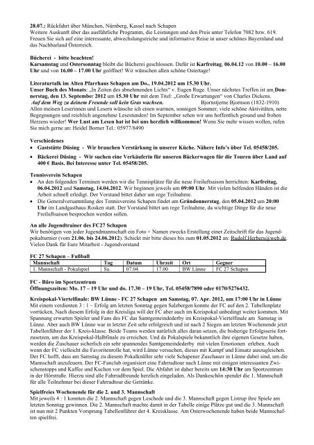Informationen der Gemeinde Schapen vom 07.04.2012 â 13.04.2012