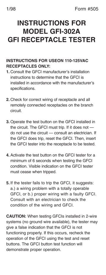 instructions for model gfi-302a gfi receptacle tester - Sperry ...