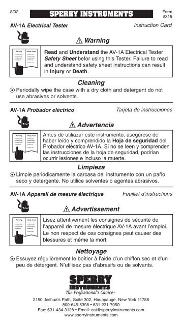 SPERRY INSTRUMENTS Warning Cleaning Advertencia Limpieza ...