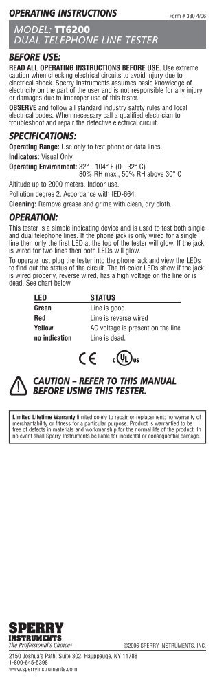 operating instructions before use - Sperry Instruments