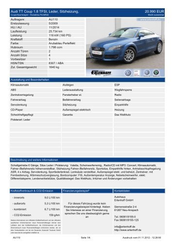 Audi TT Coup 1.8 TFSI, Leder, Sitzheizung, 23.990 EUR - Erlenhoff