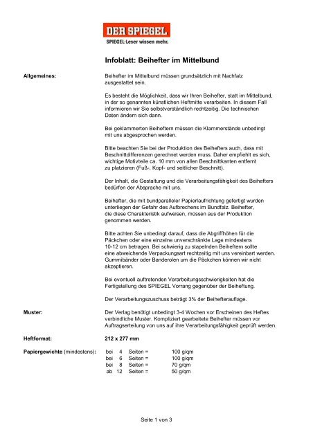Infoblatt Beihefter im Mittelbund - Spiegel-QC