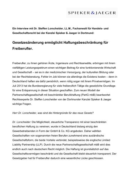Partnerschaftsgesellschaft Mit Beschrankter Spieker Jaeger