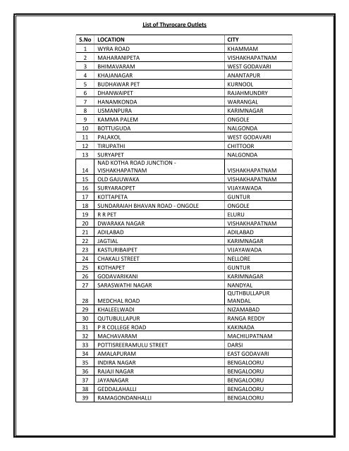 List of Thyrocare Outlets S.No LOCATION CITY 1 ... - Mydala.com