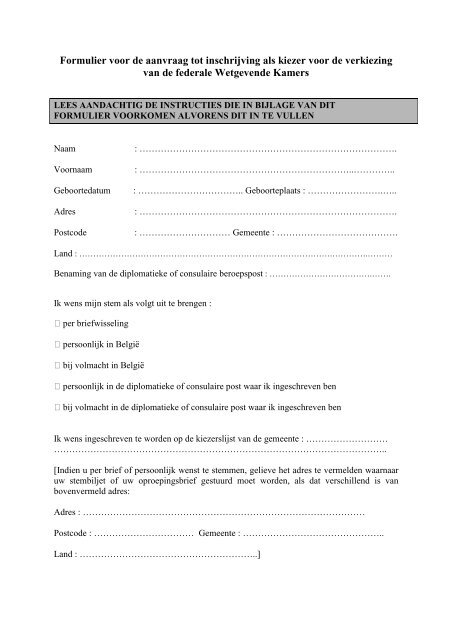 Formulier voor de aanvraag tot inschrijving als kiezer voor de