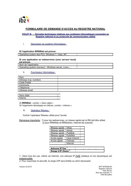 Formulaire de demande de connexion volet B (pdf) - Registre National