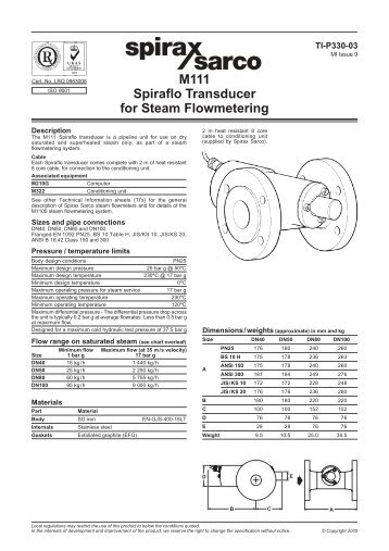 M111 Spiraflo Transducer for Steam Flowmetering - Spirax Sarco