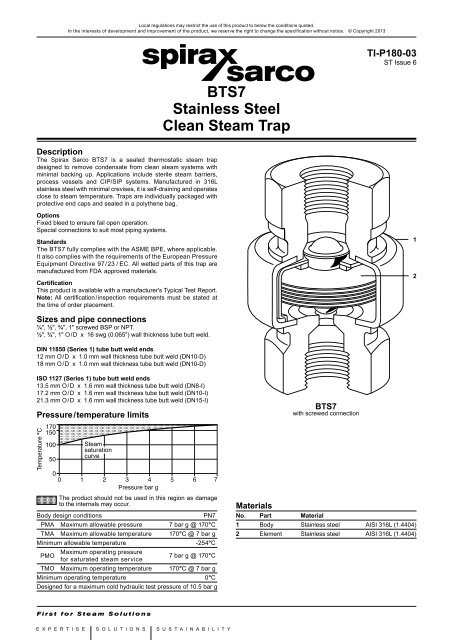 BTS7 Stainless Steel Clean Steam Trap - Spirax Sarco